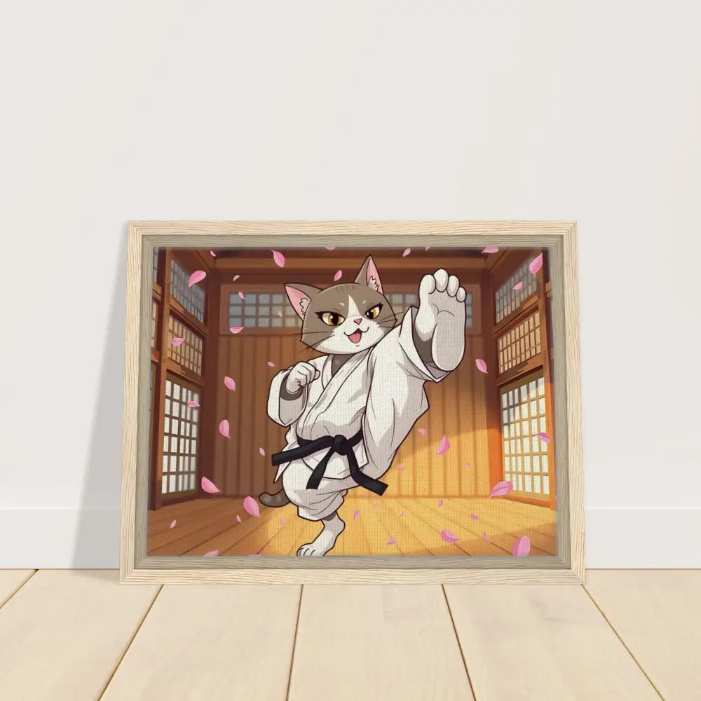 Framed Karate Cat art on canvas in PixiOnyx Cherry Blossom Showdown collection