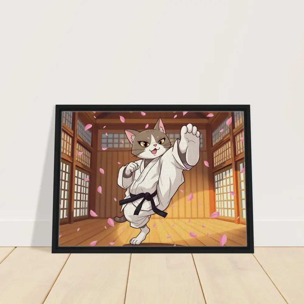 Framed cartoon Karate Cat playing martial arts amid Cherry Blossom flowers on PixiOnyx Canvas
