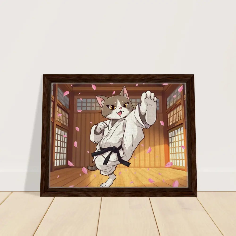 Framed cartoon cat karateka with cherry blossom background in PixiOnyx Whimsical Combat product