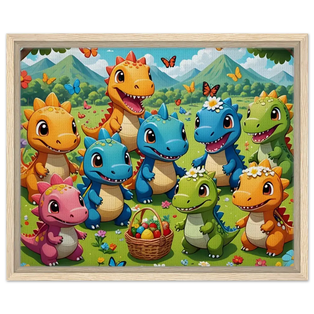 Framed cartoon dinosaur gathering artwork on Kawaii Dinos Canvas by PixiOnyx Joyful Jurassic