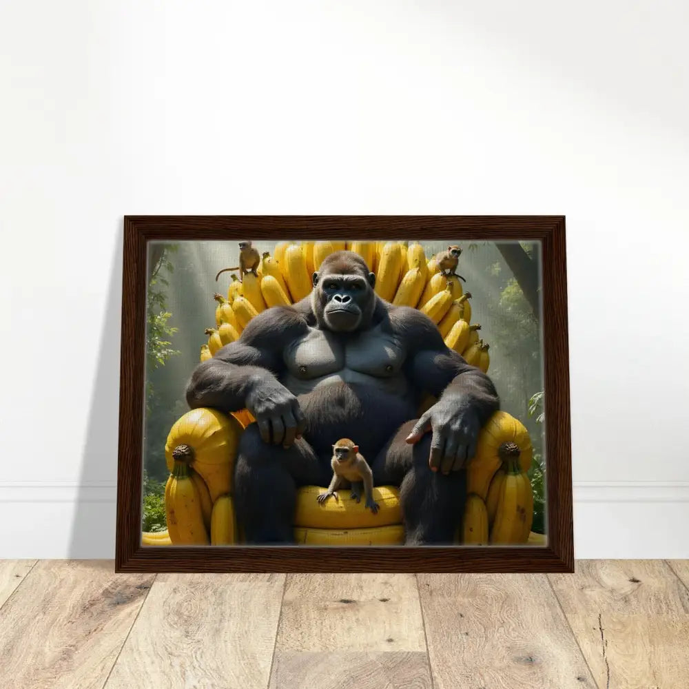 Framed gorilla artwork with banana throne for King Kong’s royal decor on PixiOnyx