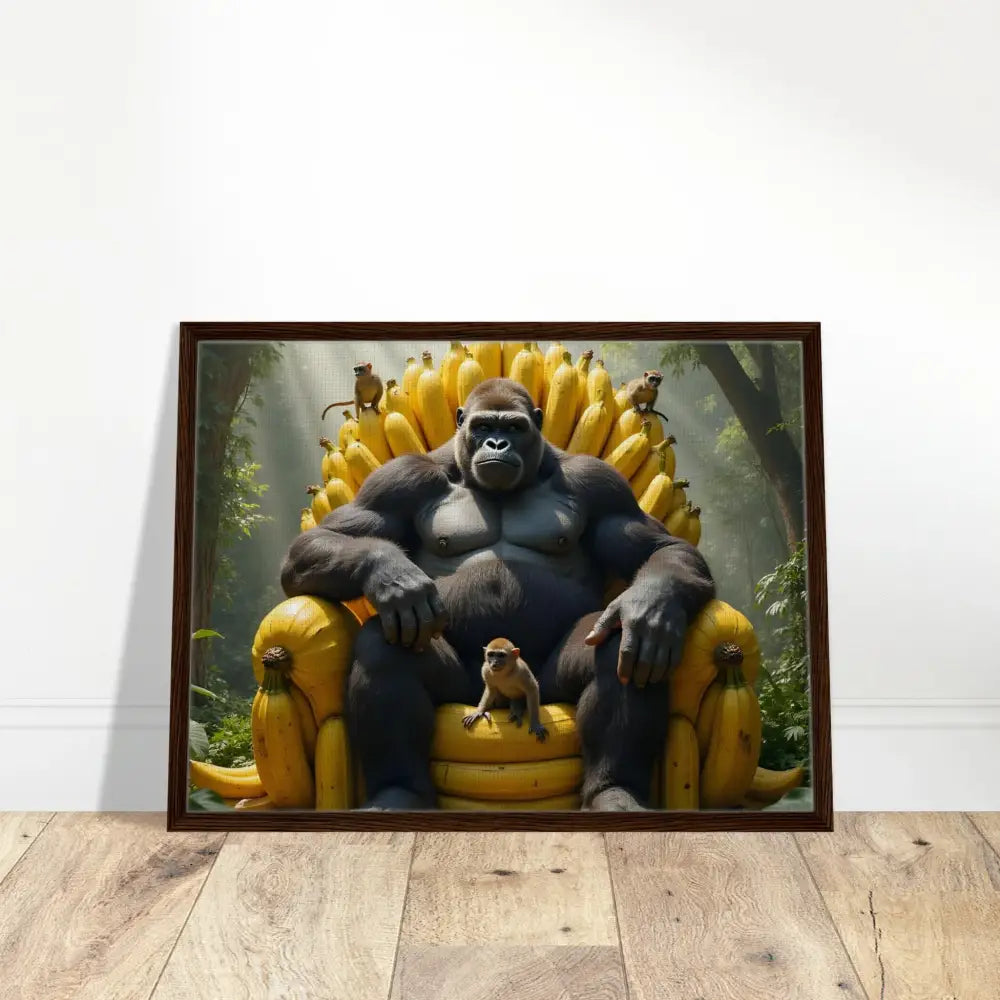 Framed canvas artwork of King Kong sitting on a banana throne showcasing primate royalty