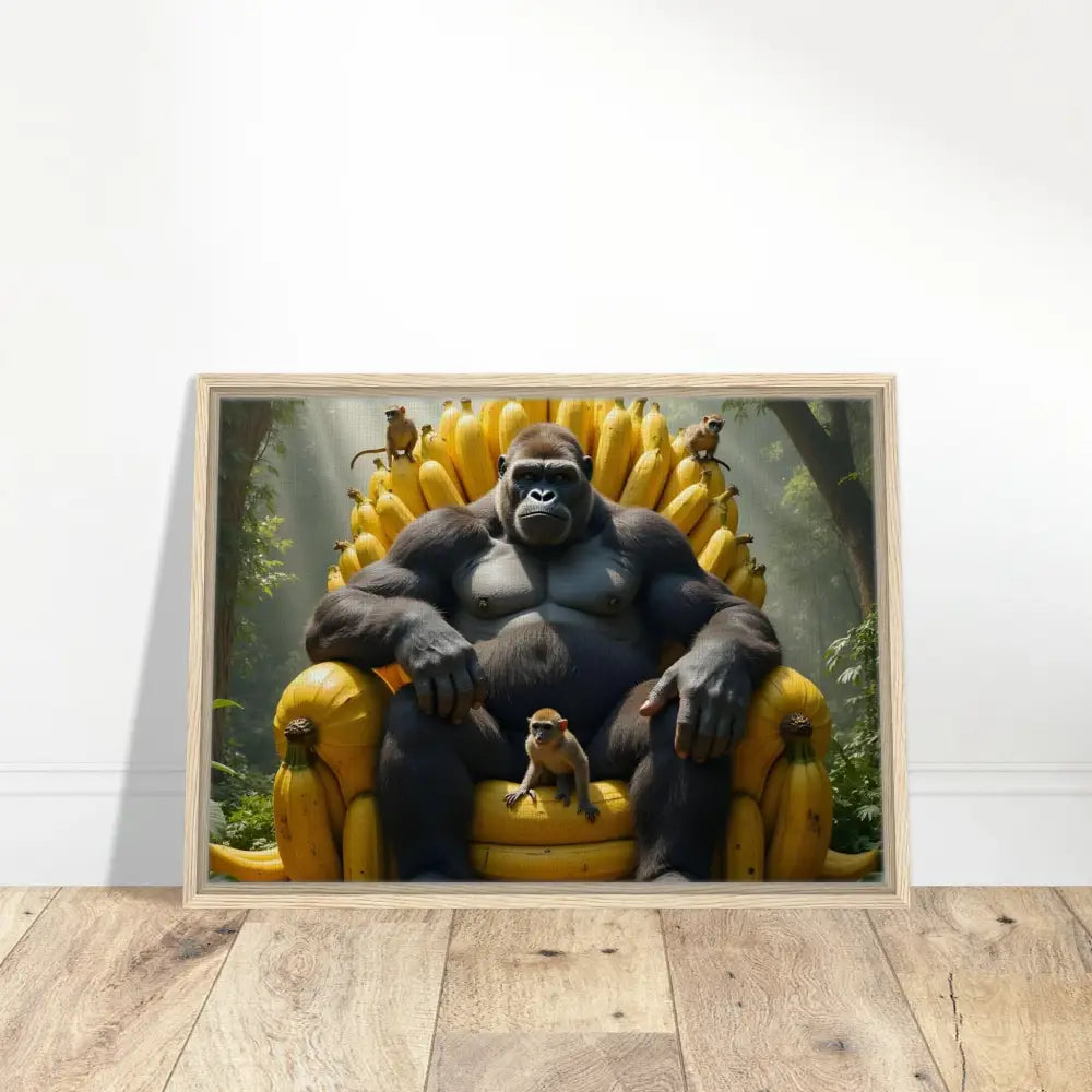 Framed Canvas of a gorilla sitting on a banana throne representing Primate Royalty