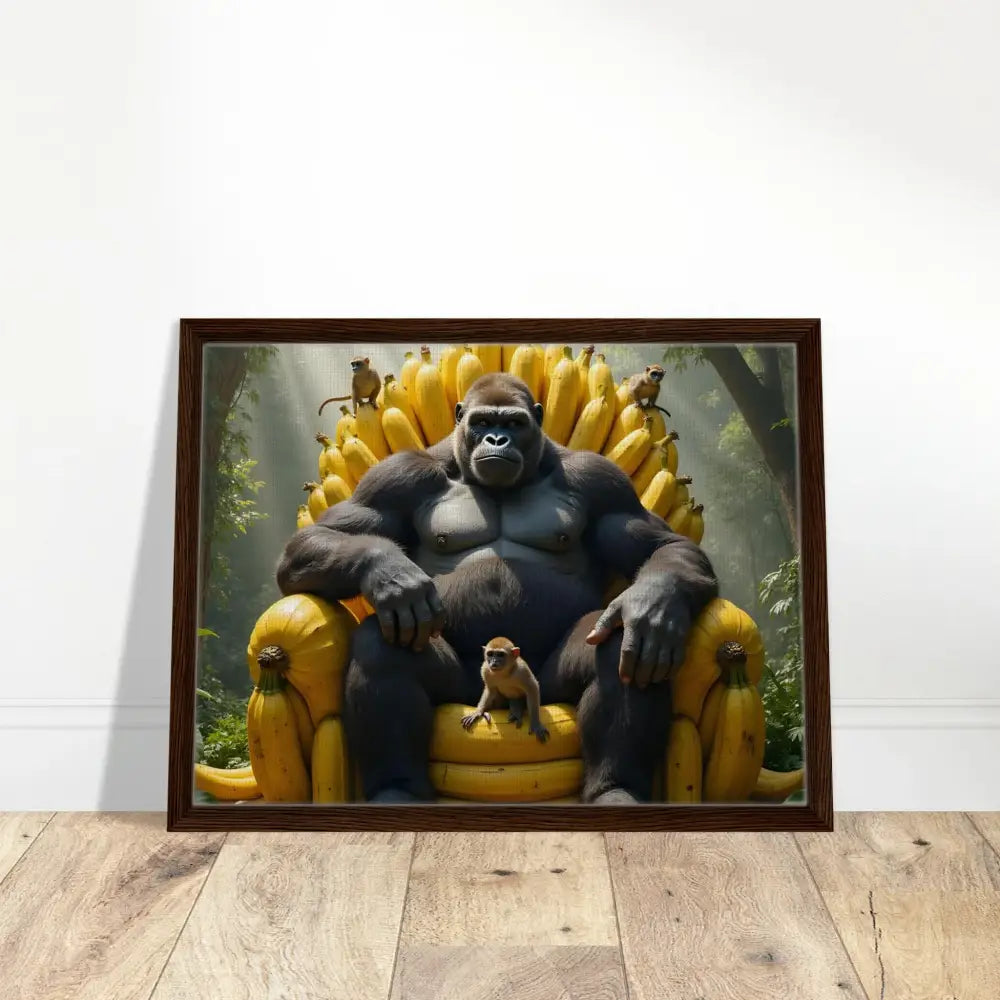 Framed Canvas of King Kong sitting on a banana throne artwork for royal primates