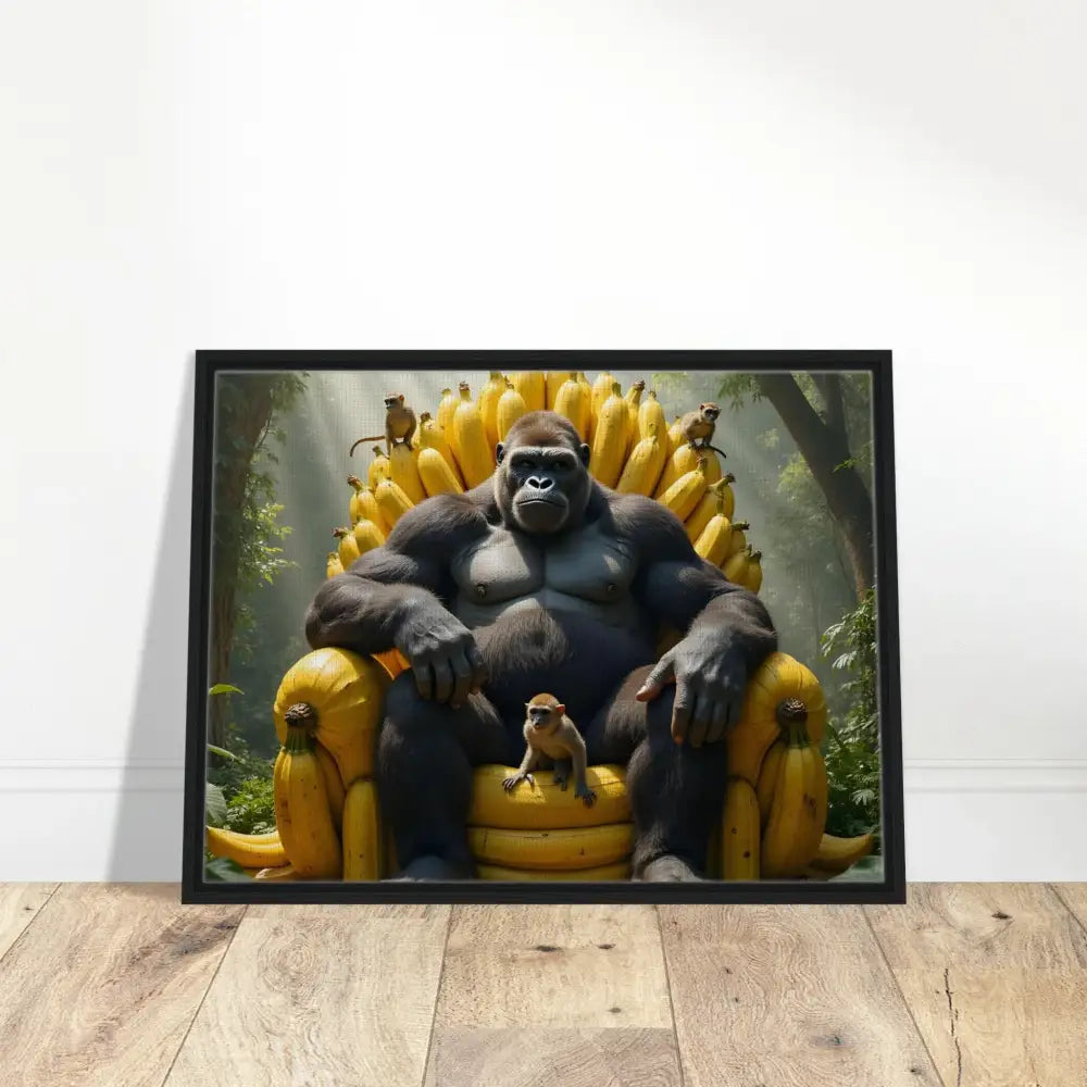 Framed canvas art of a gorilla and banana throne from PixiOnyx King Kong’s Royalty collection