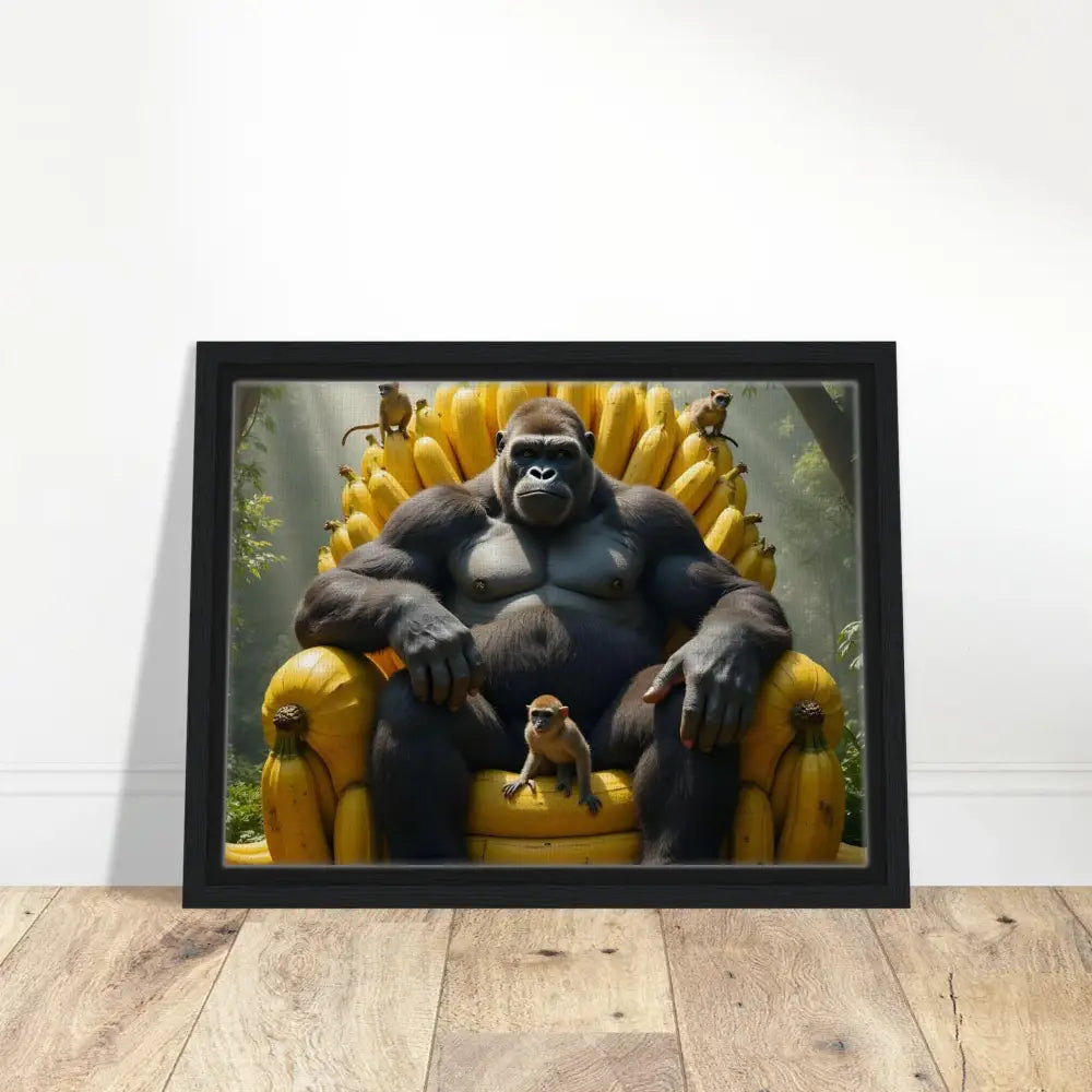 Framed Canvas depicting King Kong sitting on a banana throne illustrating primate royalty
