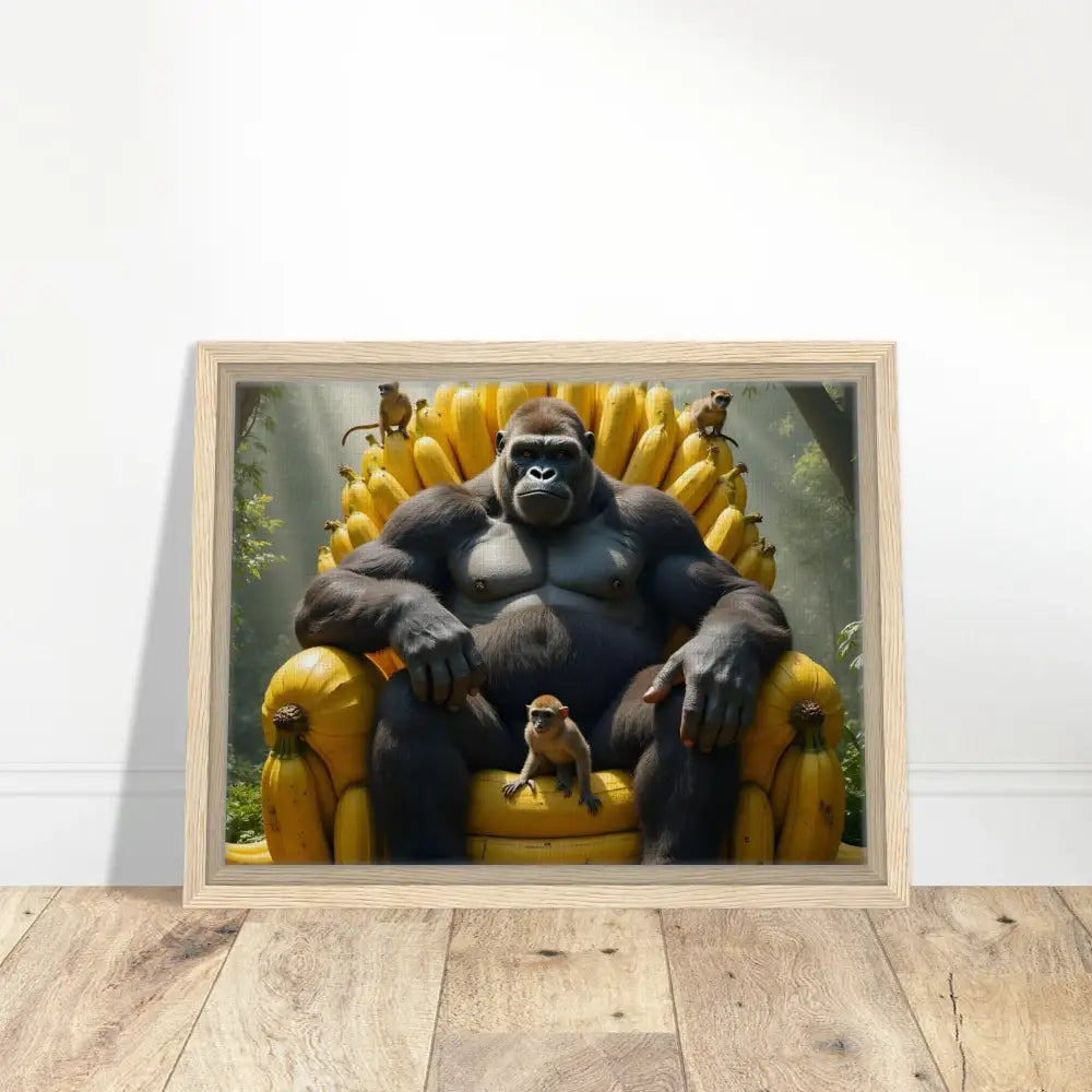 Framed Canvas King Kong’s Banana Throne artwork showcasing primate royalty on display