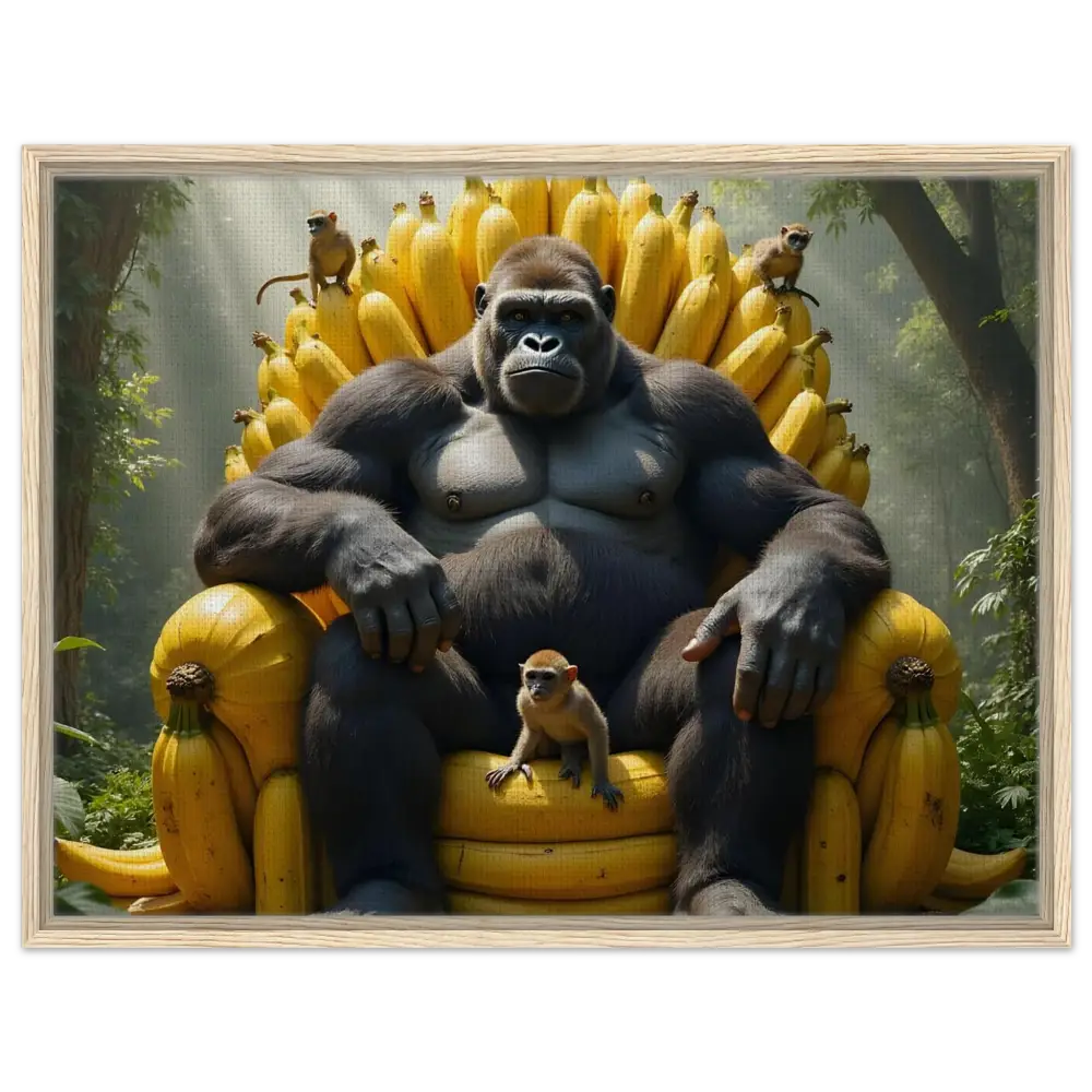 Gorilla king sitting on a banana throne in PixiOnyx Primate Royalty framed canvas