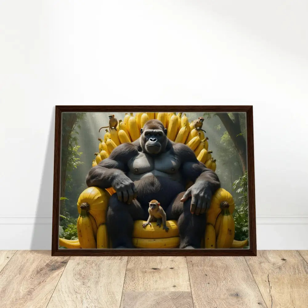 Framed Canvas of King Kong sitting on a Banana Throne artwork for Primate Royalty display
