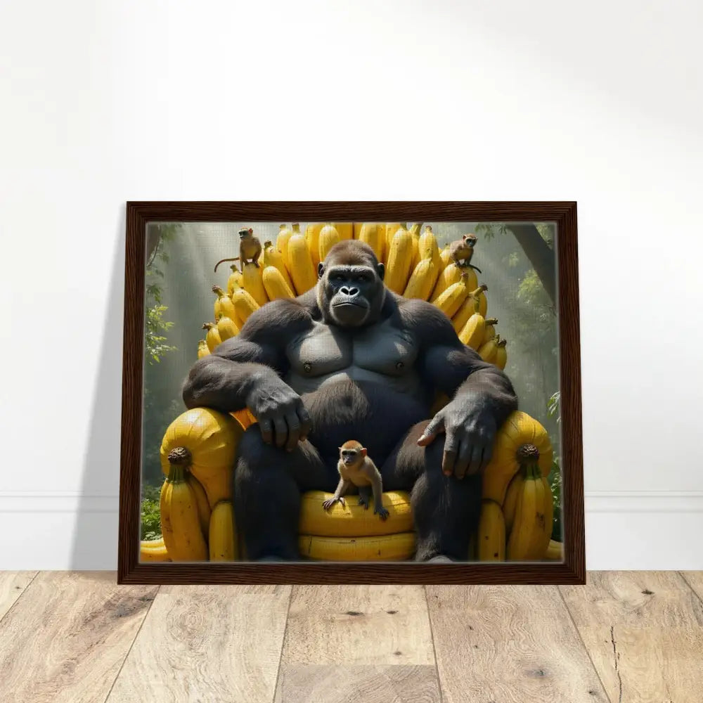 Framed canvas art of King Kongs Banana Throne featuring a gorilla in royal display