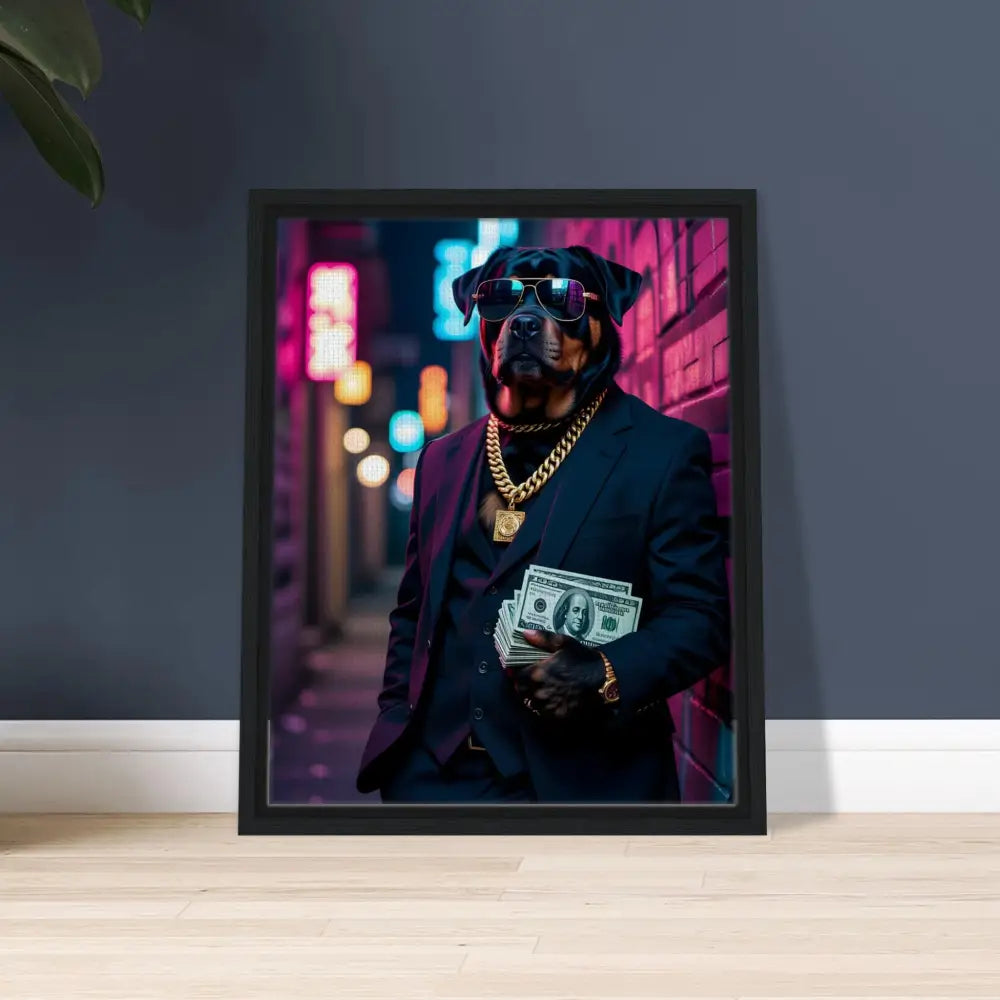 Framed dog portrait canvas artwork from PixiOnyx Luxe Urban Vibe collection