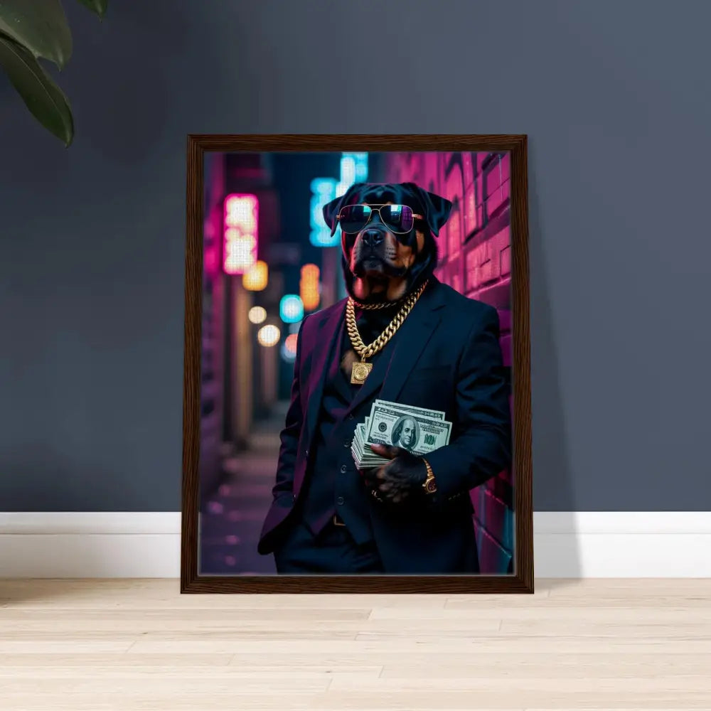 Framed dog portrait on canvas from Kingpin K9 PixiOnyx Luxe Urban Vibe collection