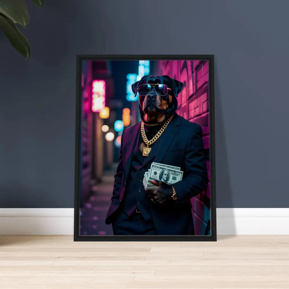 Framed dog portrait artwork on canvas in PixiOnyx Luxe Urban Vibe collection