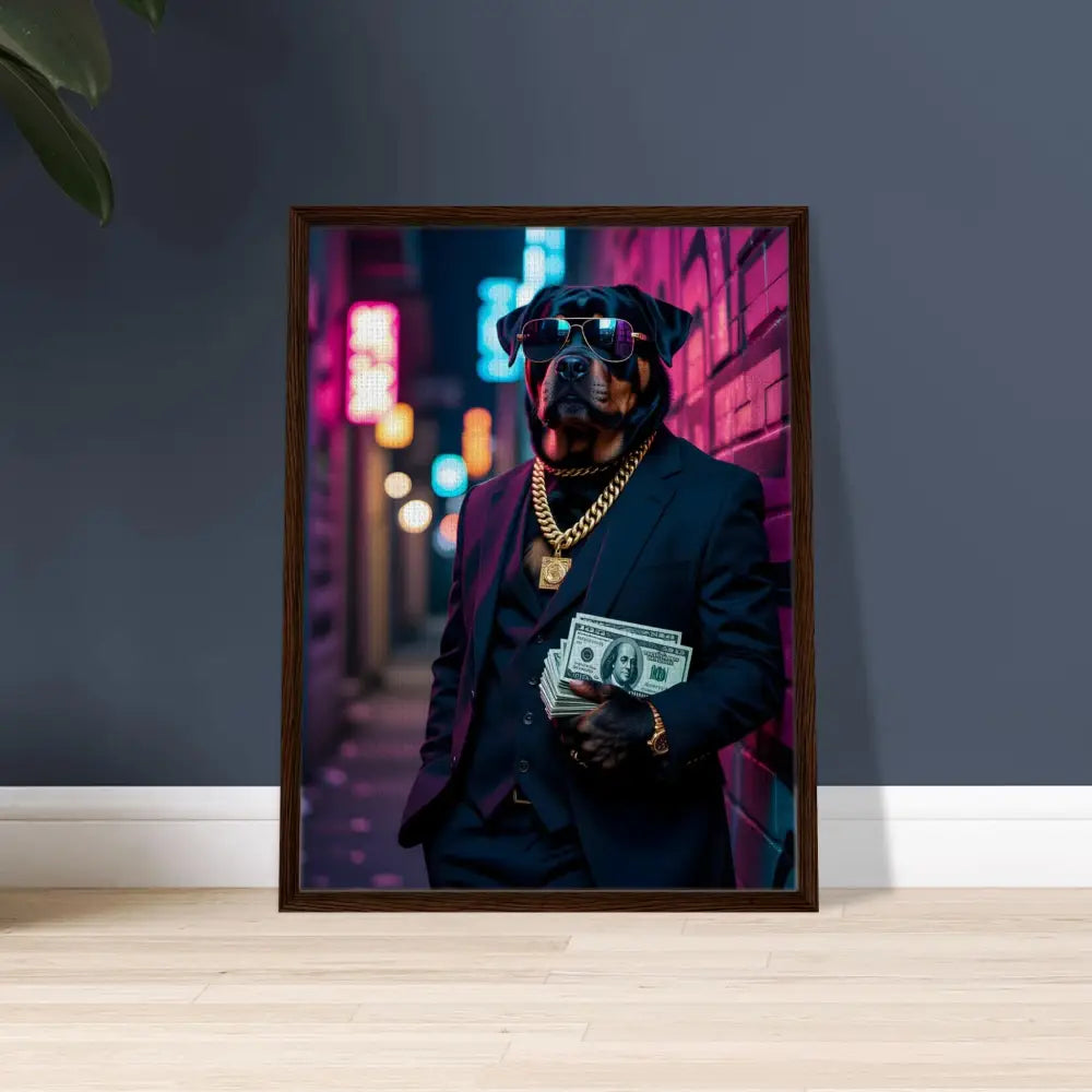 Framed dog portrait artwork on canvas from PixiOnyx Luxe Urban Vibe collection