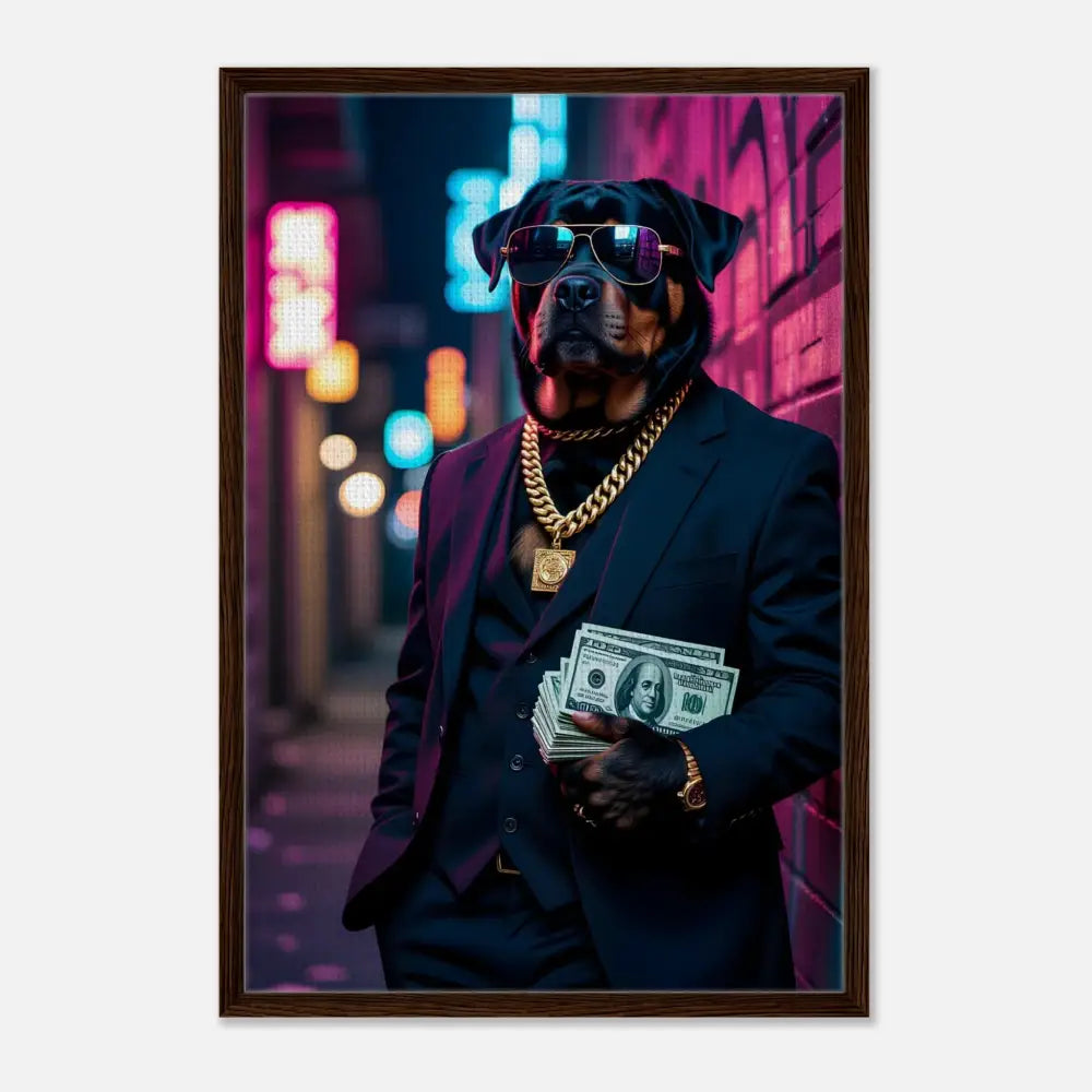 Framed Canvas of a Rottweiler in a suit with money showcasing urban Luxe Vibe style