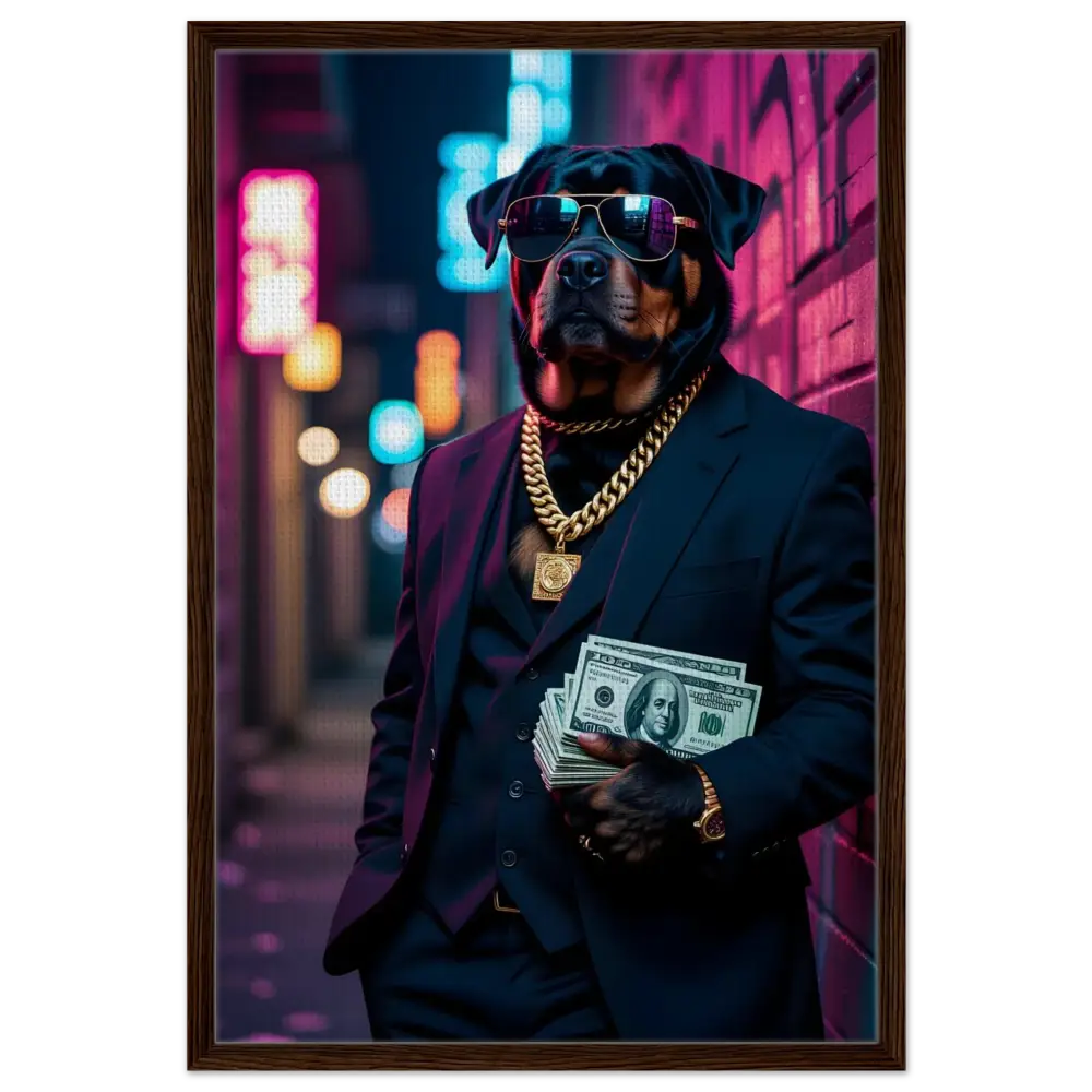 Rottweiler in suit with money displayed on PixiOnyx Luxe Urban Vibe framed canvas