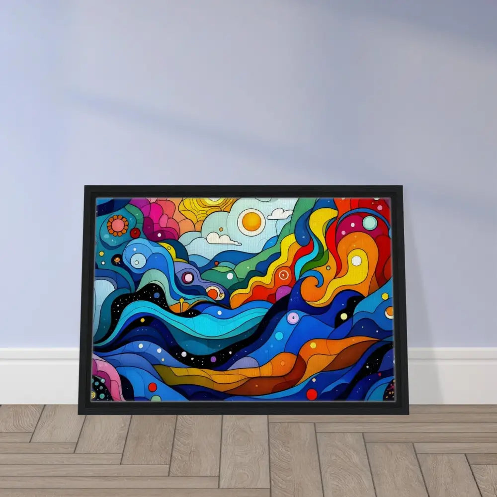 Framed colorful abstract art canvas titled Layered Spectrum displayed as psychedelic wall decor