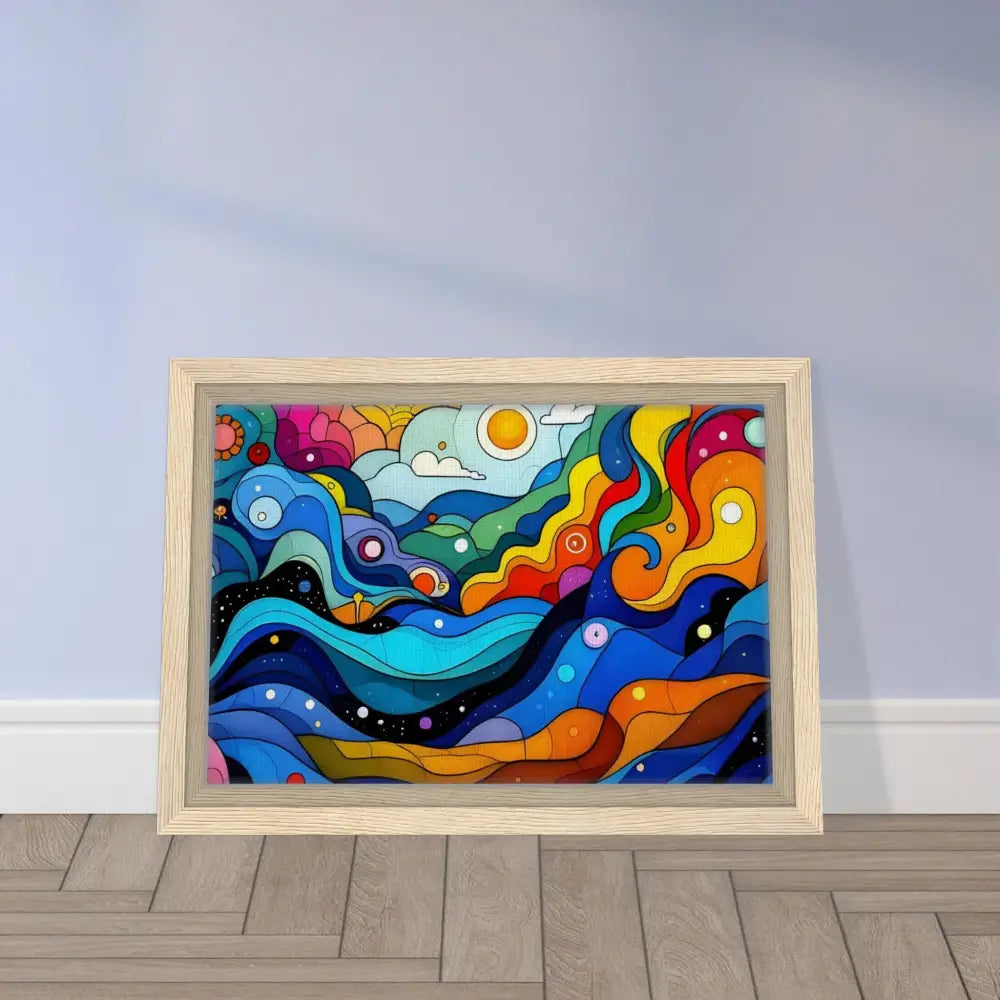 Framed colorful abstract artwork displayed in Layered Spectrum Psychedelic Wall Art product