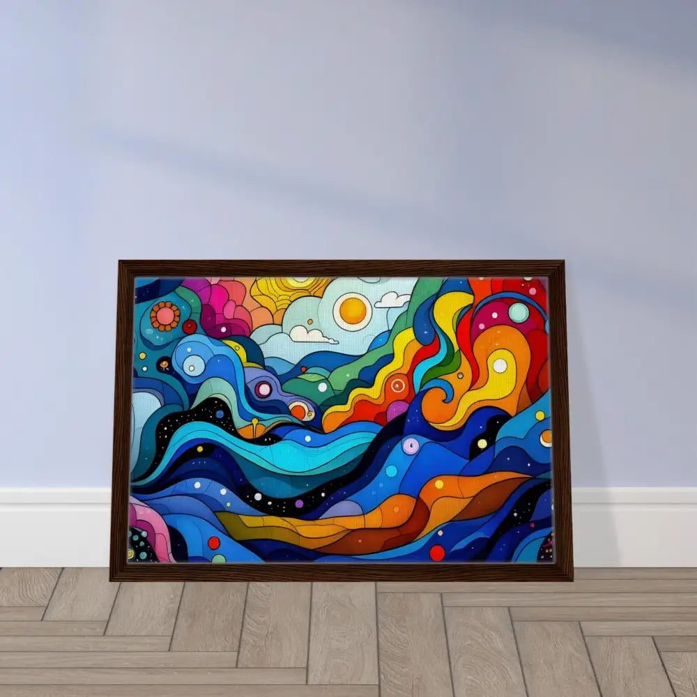 Framed colorful abstract artwork displayed in Layered Spectrum Psychedelic Wall Art canvas