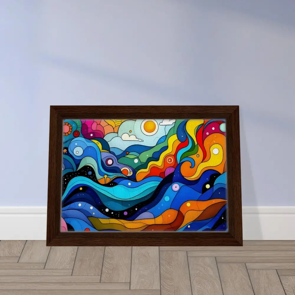 Framed colorful abstract artwork displayed on wall in Layered Spectrum Canvas product