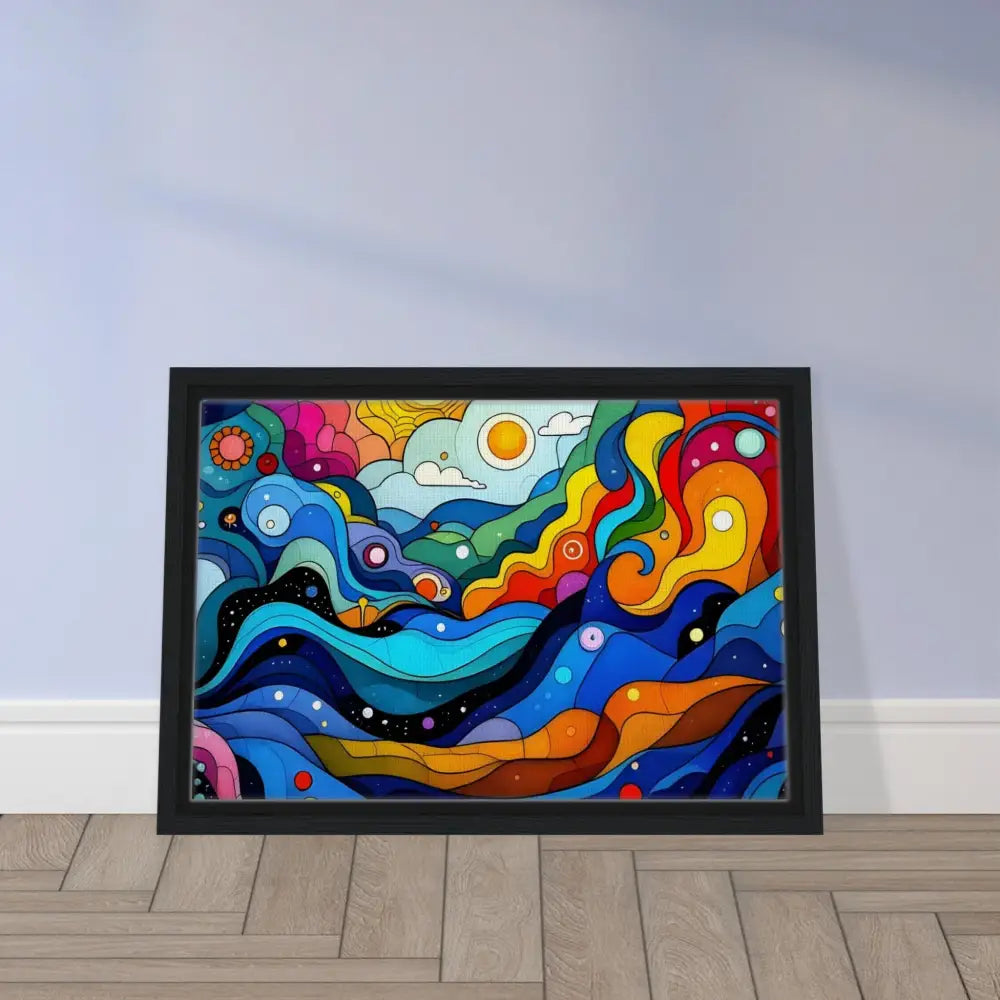 Colorful abstract layered spectrum wall art in a framed canvas optical vibrant decor