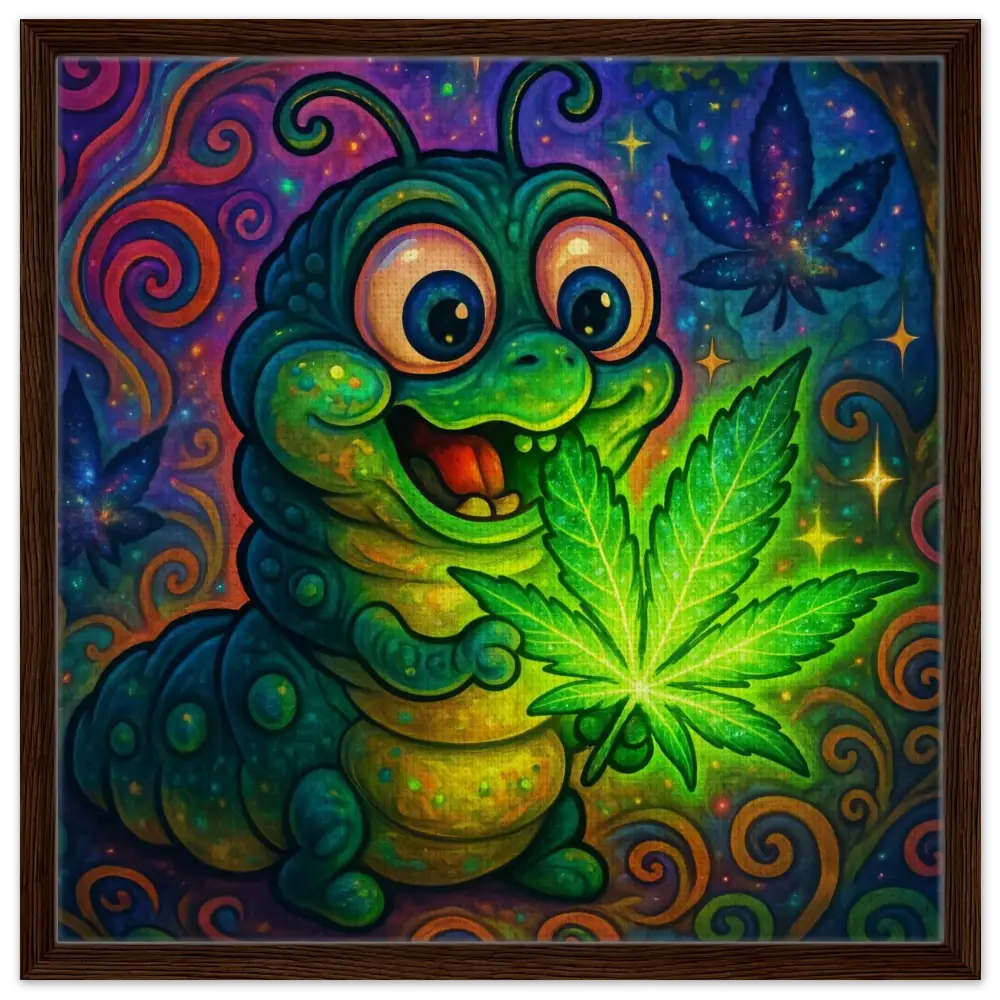 Cartoon caterpillar holding a cannabis leaf on Framed Canvas Leaf Me Alone Vibin Trippy Glow Art