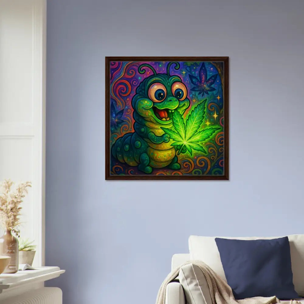 Framed cartoon caterpillar with marijuana leaf artwork for Leaf Me Alone Vibin Canvas by PixiOnyx