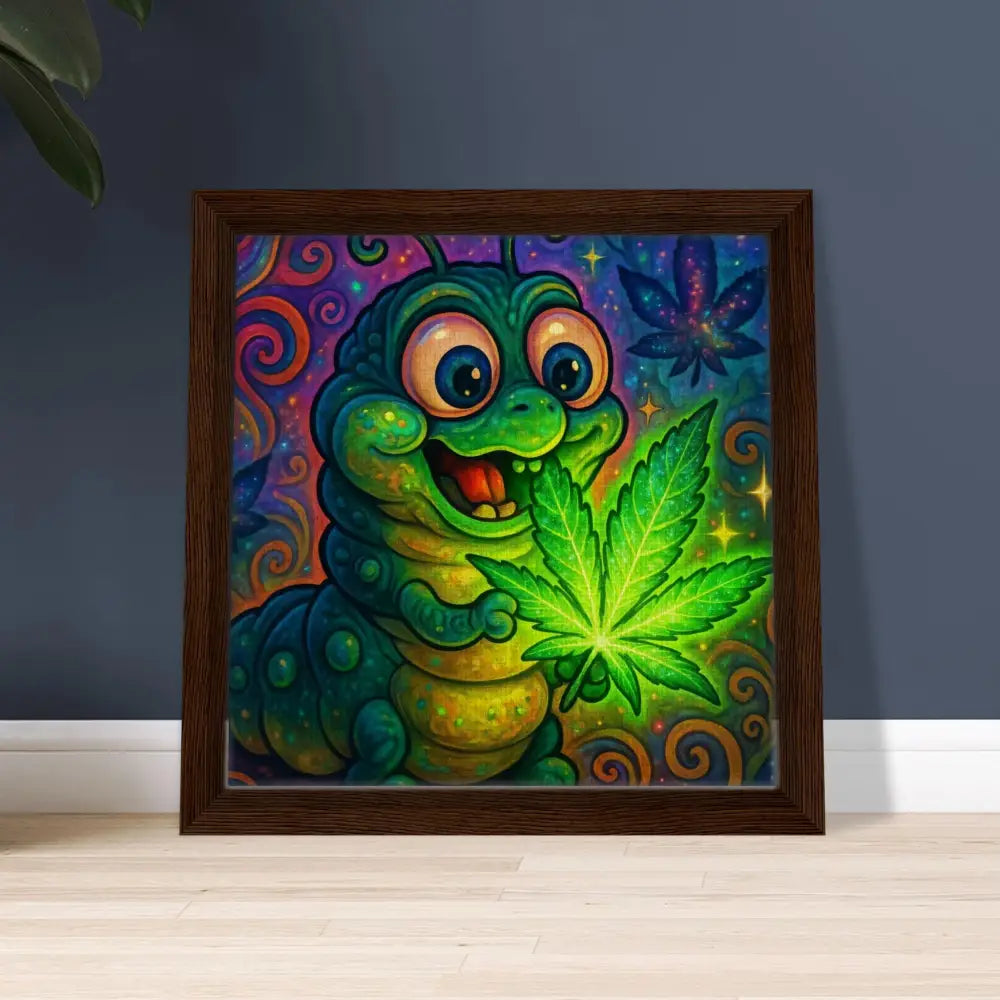 Framed cartoon caterpillar holding a cannabis leaf on Trippy Glow Art Canvas by PixiOnyx