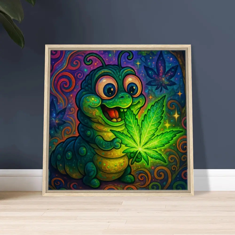Framed cartoon caterpillar holding marijuana leaf in Trippy Glow Art by PixiOnyx