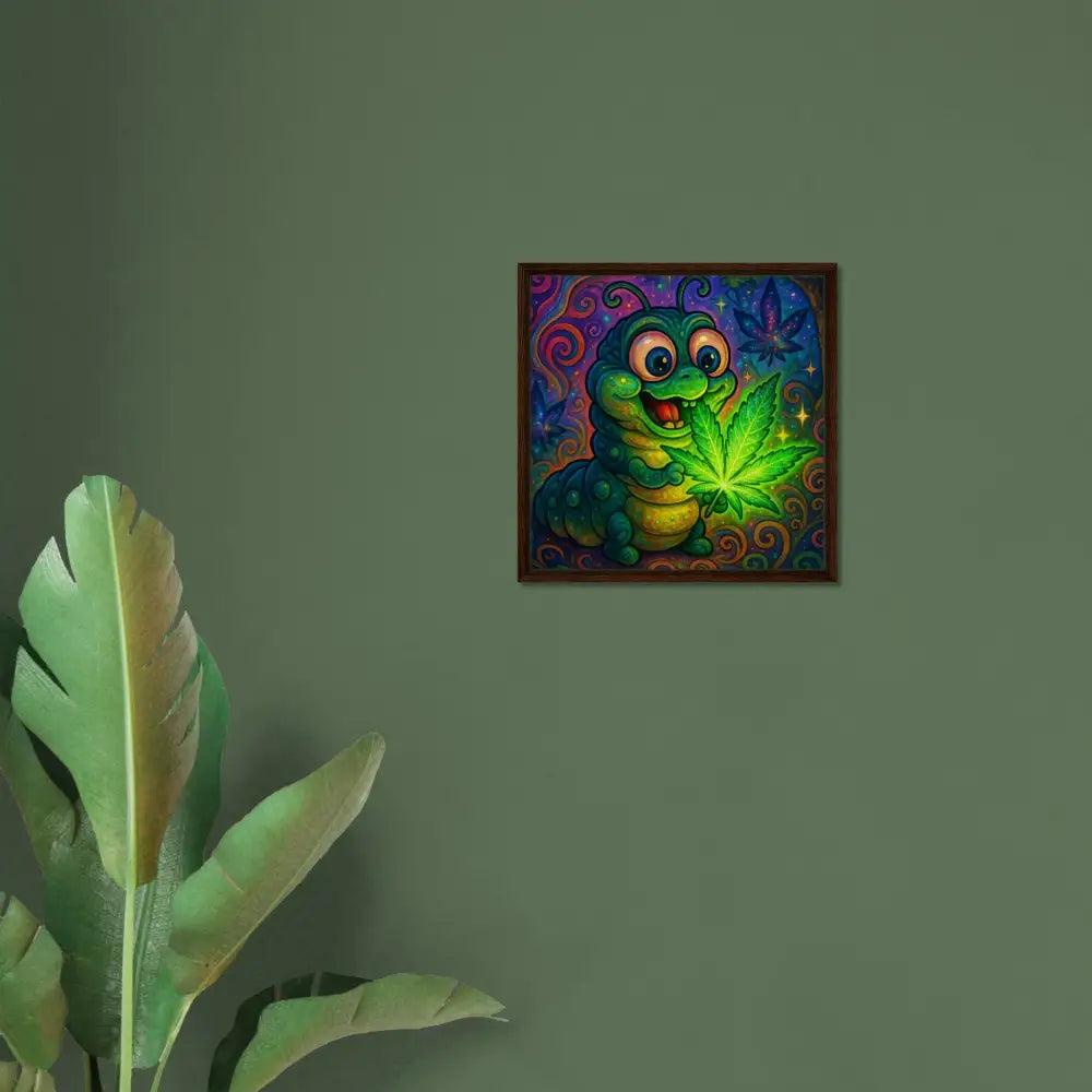Framed cartoon caterpillar with cannabis leaf in Trippy Glow Art by PixiOnyx