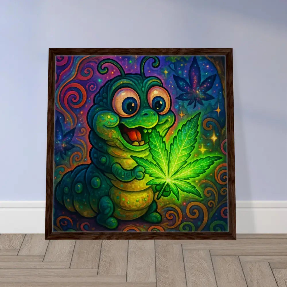 Framed cartoon caterpillar with cannabis leaf from Leaf Me Alone Trippy Glow Art by PixiOnyx