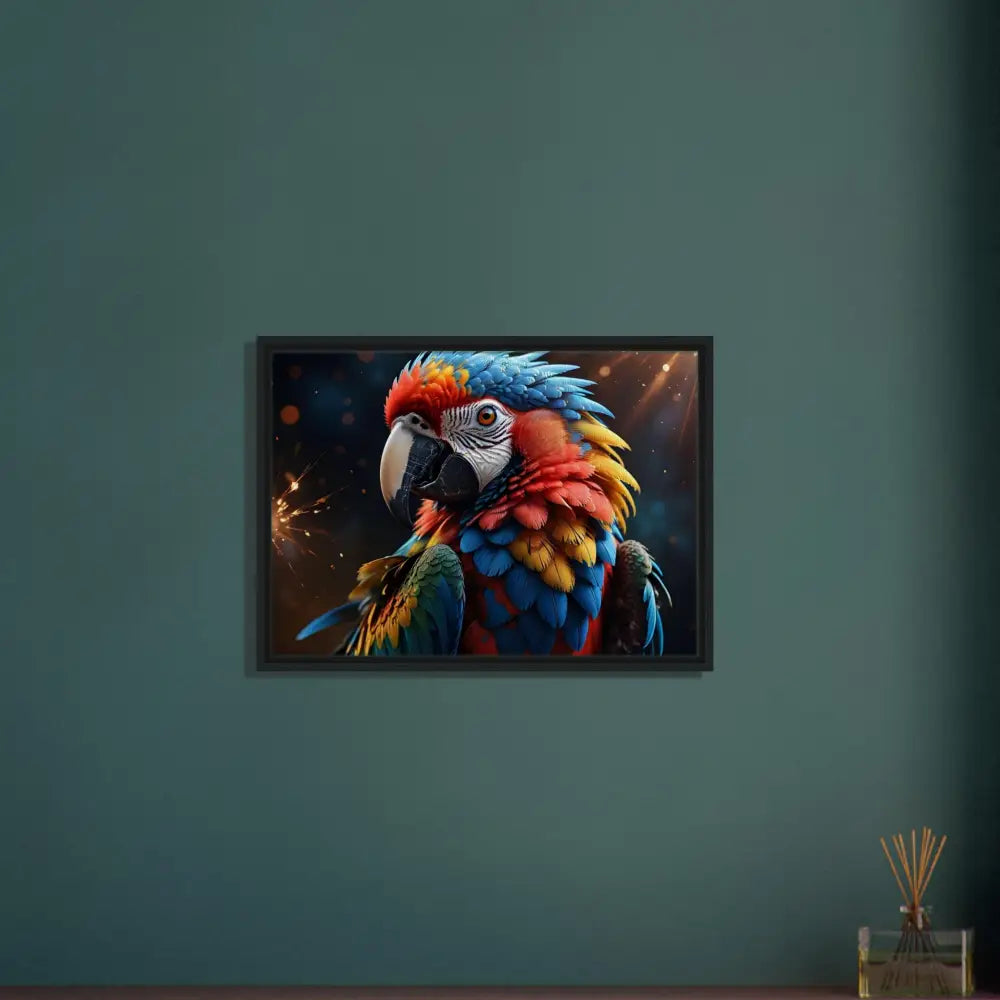 Framed Parrot Artwork displayed in Macaw Firelight Canvas Surreal Nature Display