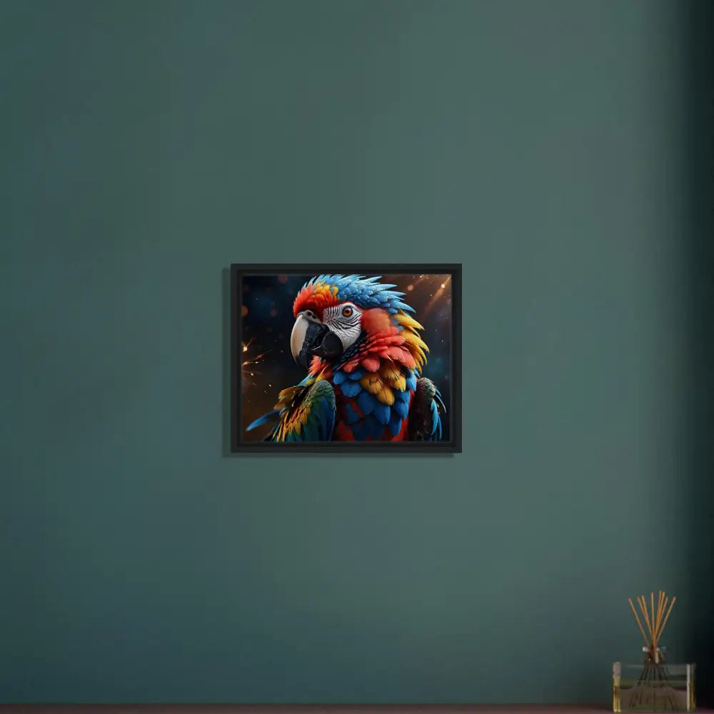 Framed Macaw Firelight portrait on canvas for surreal nature decor display