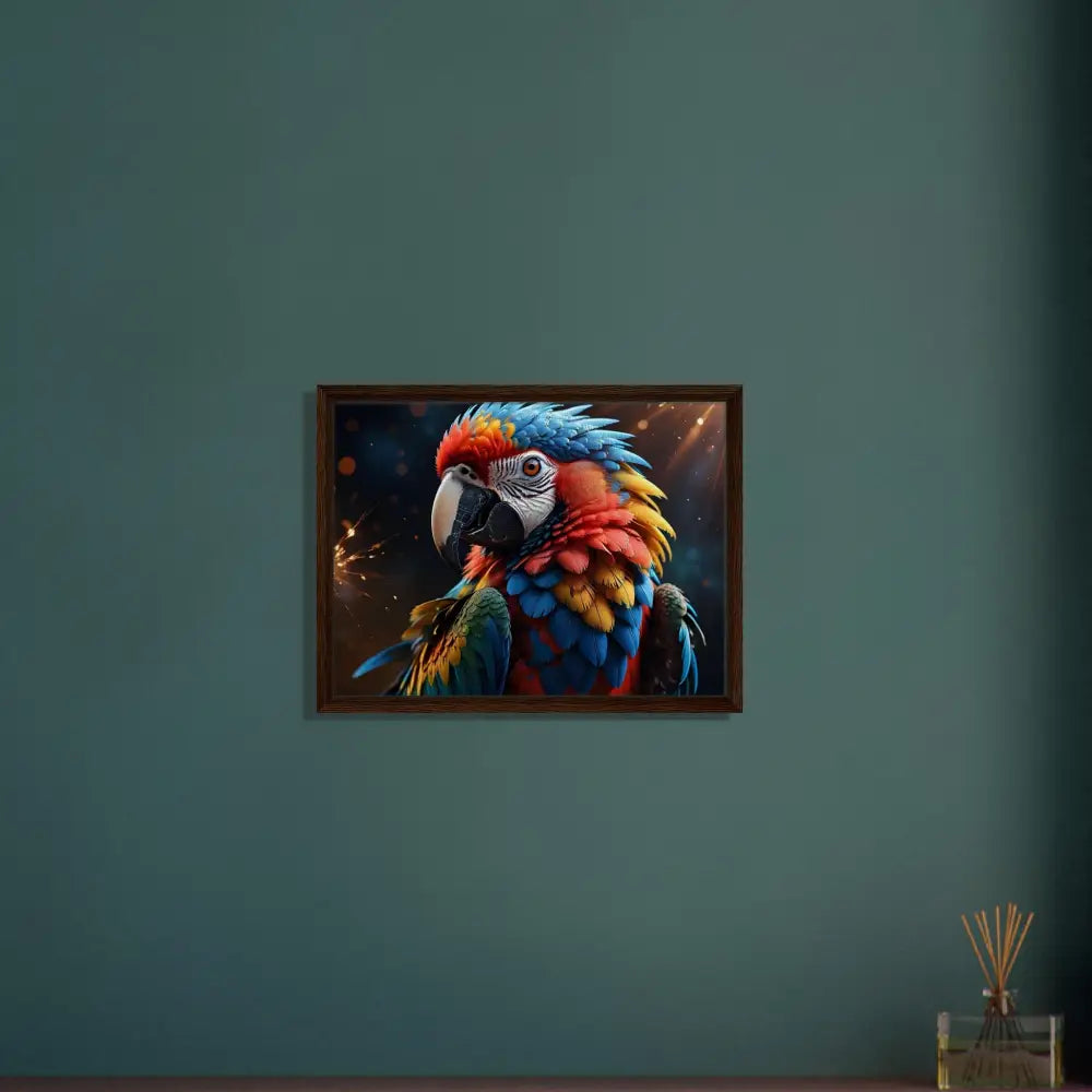 Framed Parrot Artwork on Display in PixiOnyx Surreal Nature Canvas Piece
