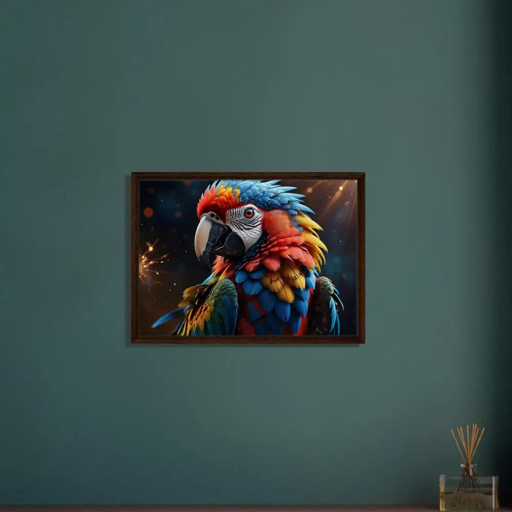 Framed Macaw Firelight Canvas Portrait displayed in PixiOnyx Surreal Nature Display