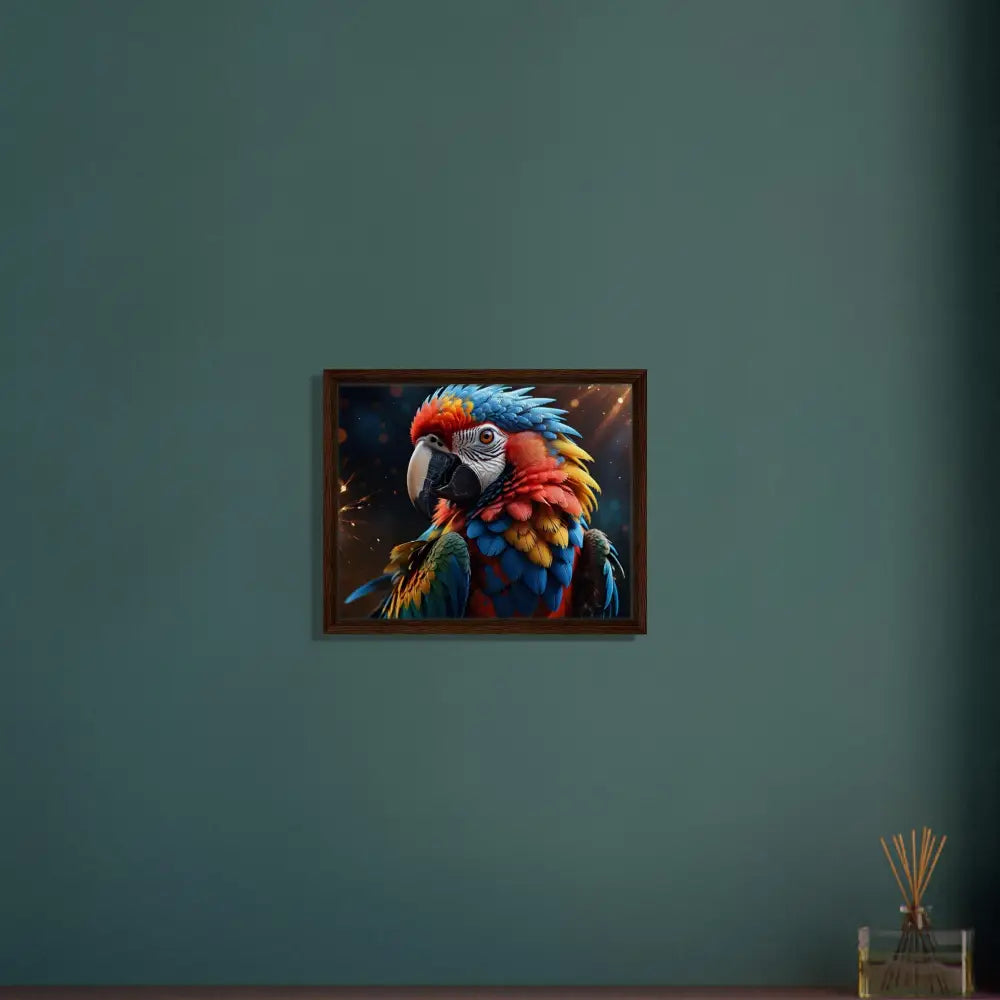 Framed Parrot Artwork from PixiOnyx Surreal Nature Display featuring Macaw Firelight Canvas