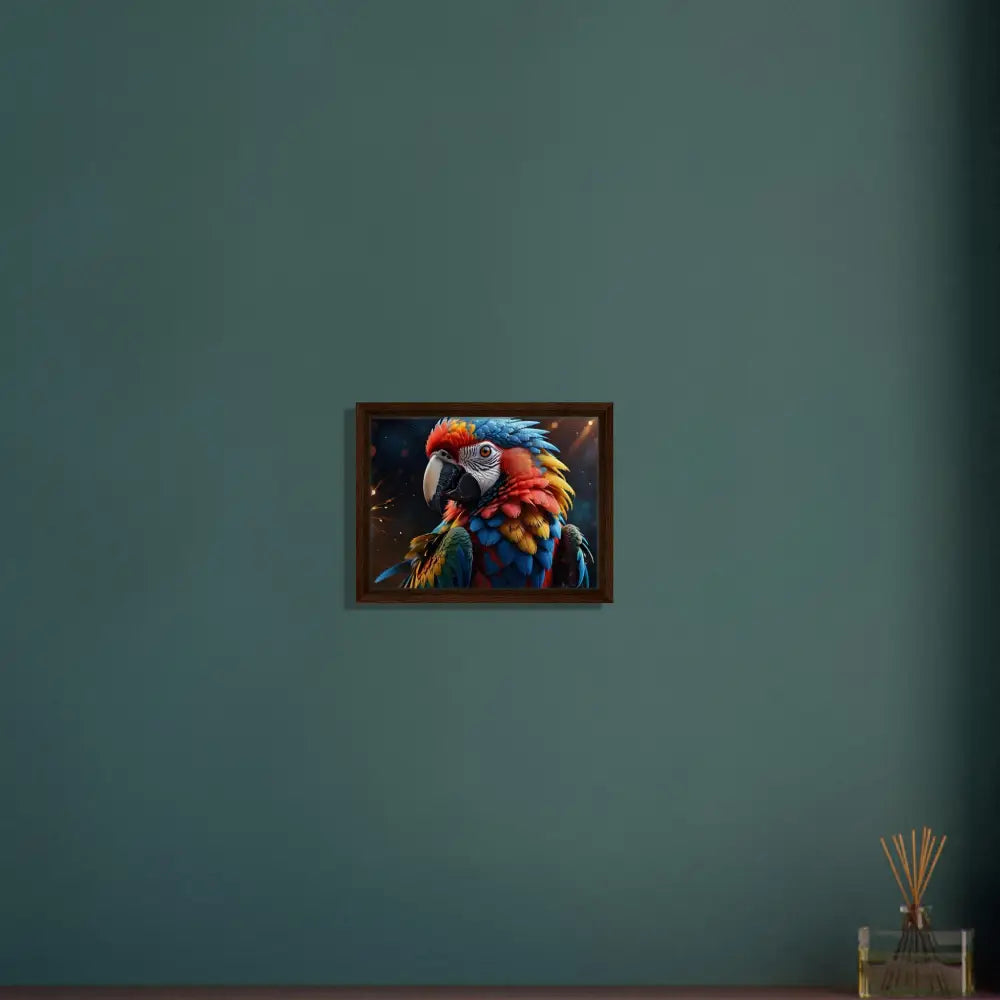 Framed Macaw Firelight canvas portrait in surreal nature display for decor