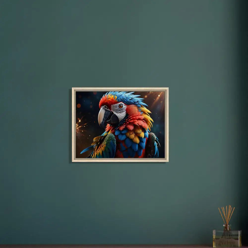 Framed Macaw Firelight artwork on canvas for surreal nature display