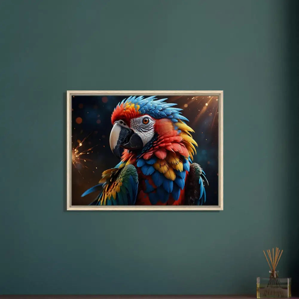 Framed Parrot Artwork displayed in Framed Canvas Macaw Firelight PixiOnyx Surreal Nature Display