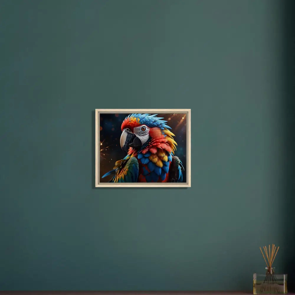 Framed Macaw Firelight canvas portrait displayed in surreal nature art product