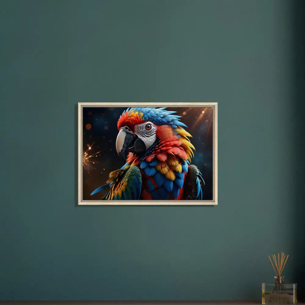 Framed parrot artwork from Macaw Firelight by PixiOnyx Surreal Nature Display