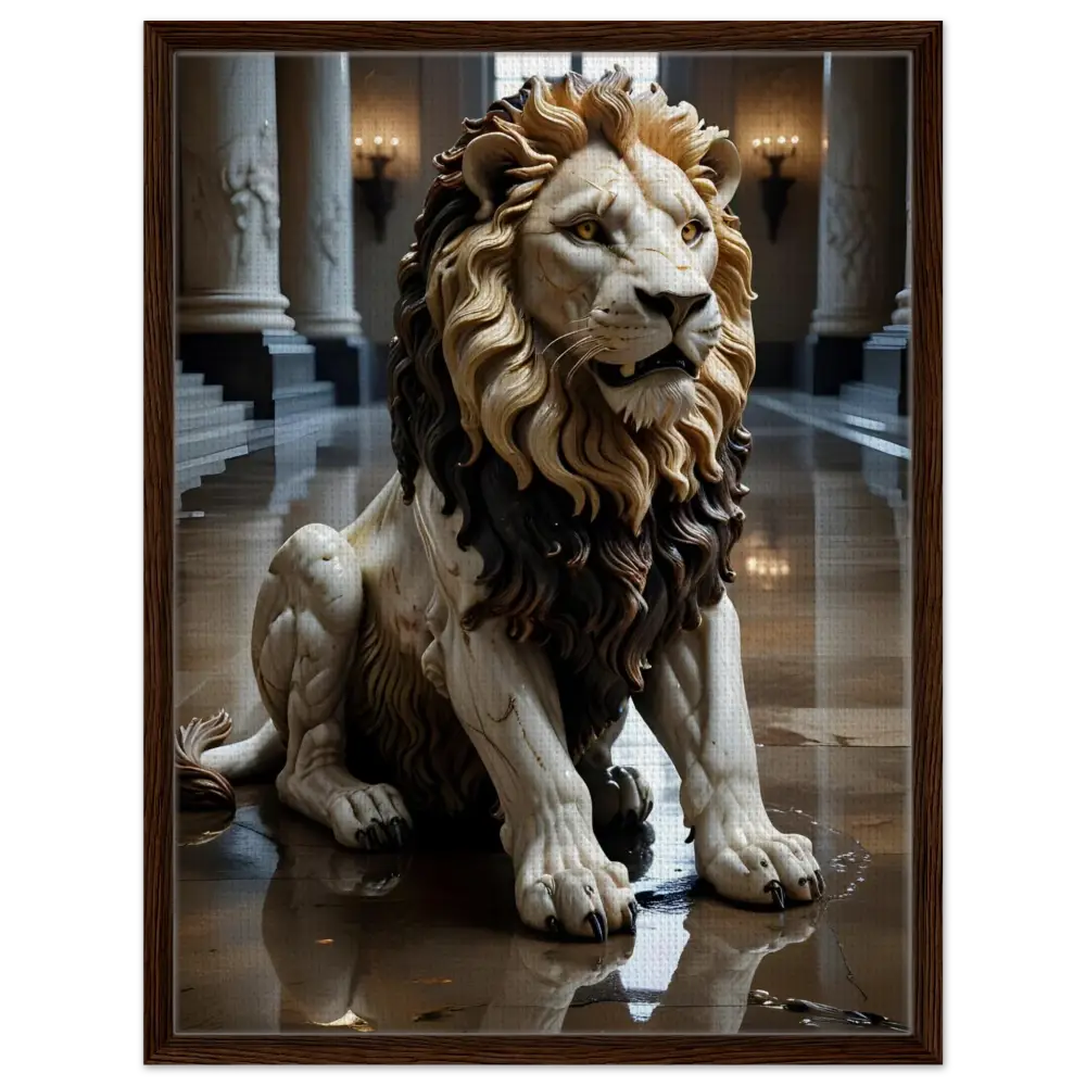 Framed marble lion statue displayed in PixiOnyx Regal Sculpture Series grand hall