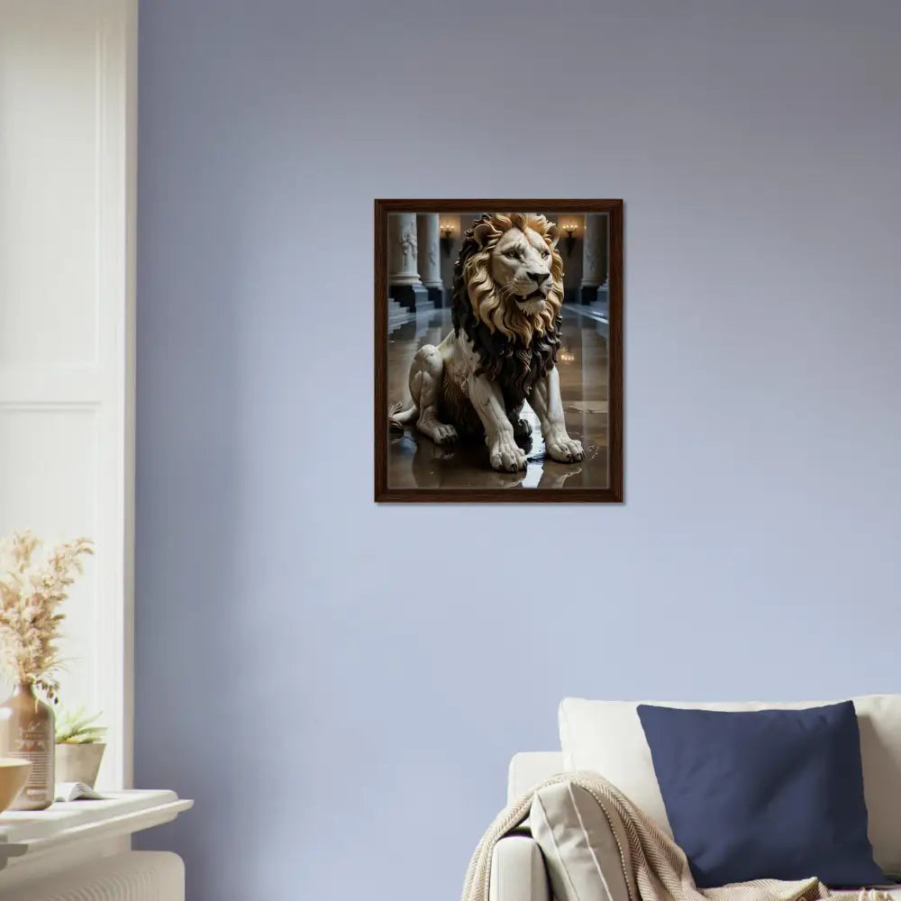 Framed marble lion statue art displayed in PixiOnyx Regal Sculpture Series grand hall