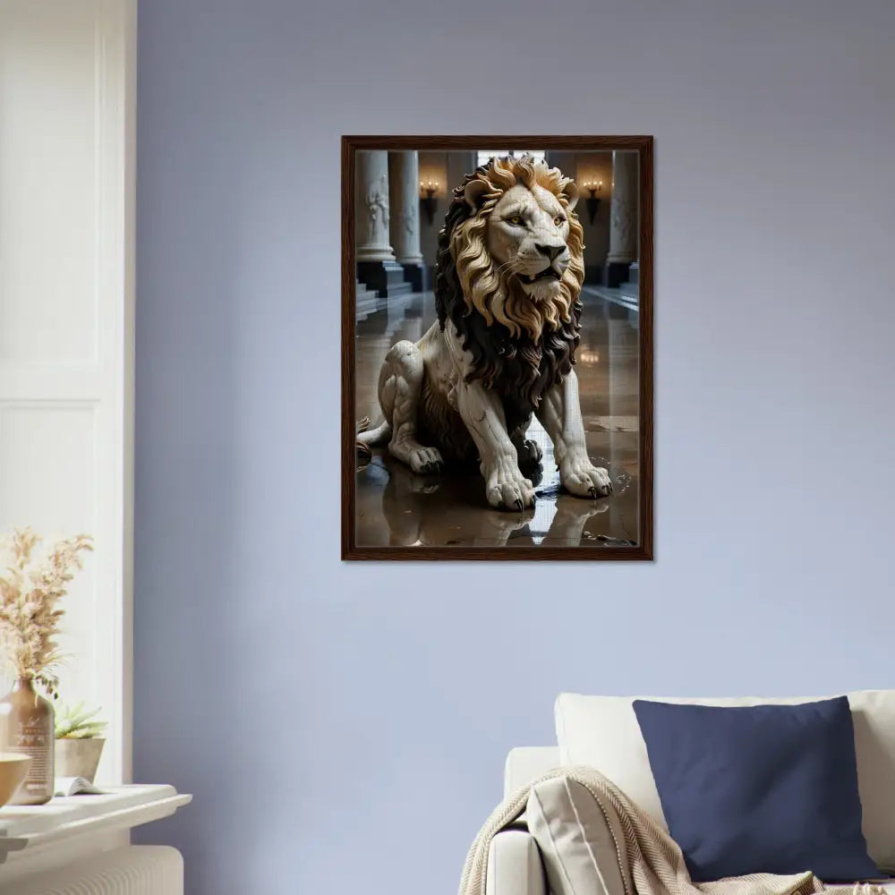 Framed marble lion statue art from PixiOnyx Regal Sculpture Series in grand hall display