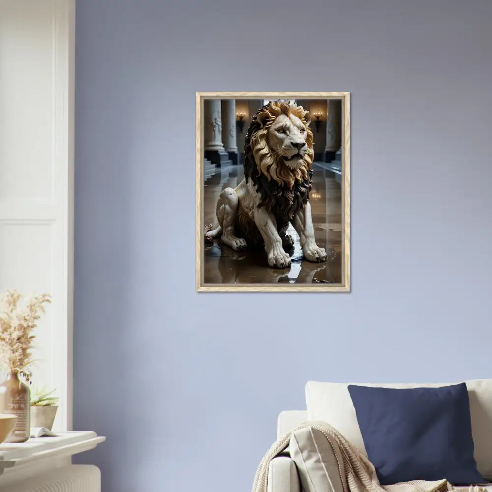 Framed marble lion sculpture art from PixiOnyx Regal Sculpture Series displayed in Grand Hall