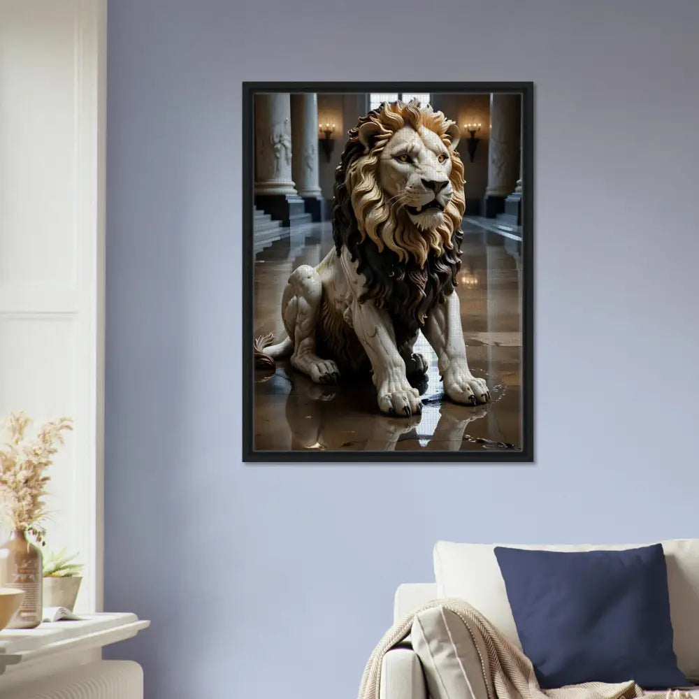 Framed marble lion sculpture art displayed in PixiOnyx Regal Sculpture Series hall