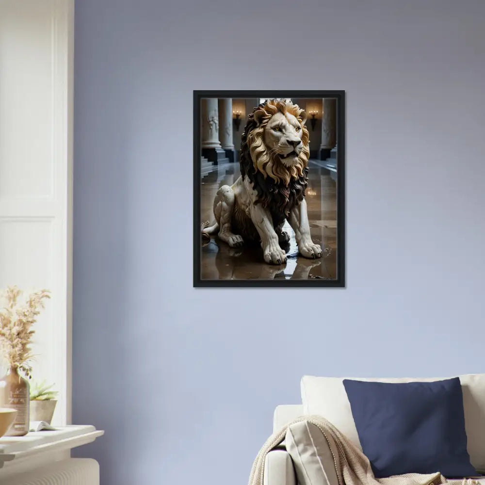 Framed marble lion sculpture art displayed in PixiOnyx Regal Sculpture Series Grand Hall