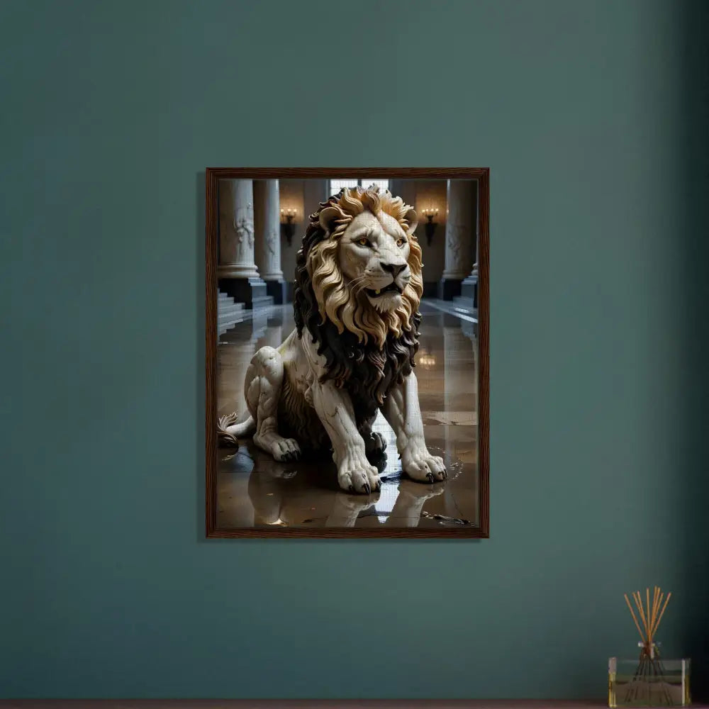 Framed marble lion sculpture artwork displayed in Grand Hall from PixiOnyx Regal Sculpture Series