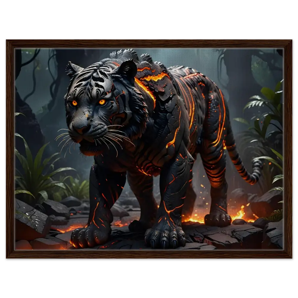 Fiery black tiger framed canvas artwork titled Molten Majesty from PixiOnyx Framed Fantasy