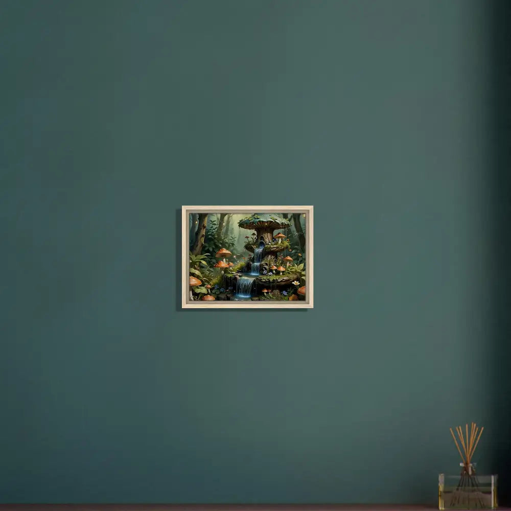 Framed mushroom waterfall artwork displayed in PixiOnyx Storybook Statement Piece canvas